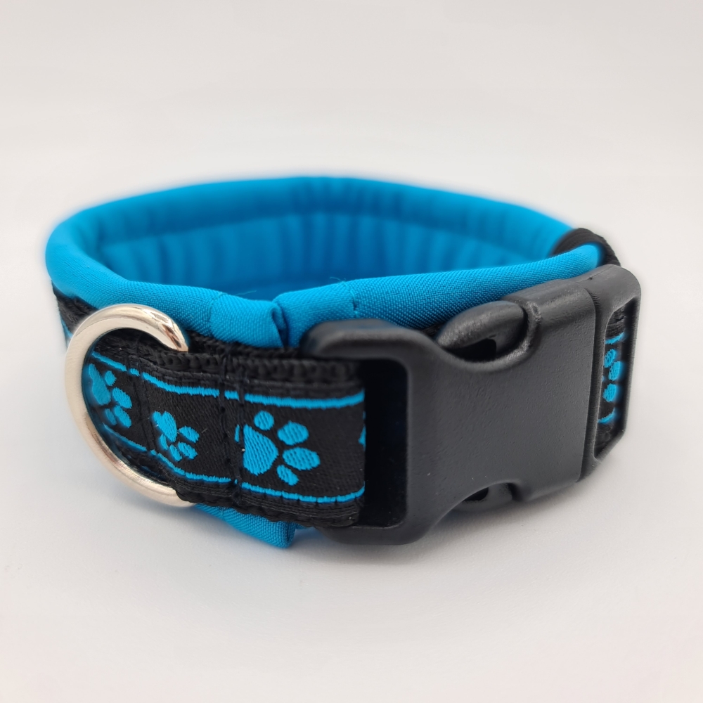 Halsband schwarz-blau mit Pfötchen, verstellbar & gepolstert